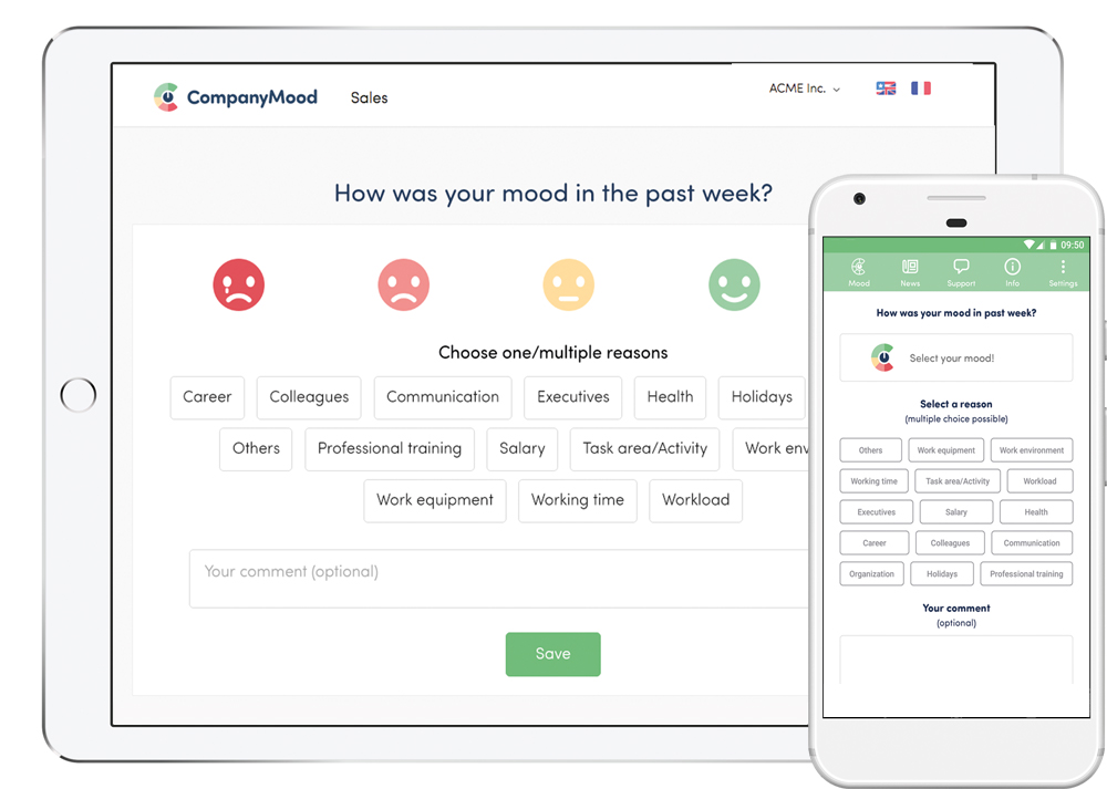 Met de CompanyMood-apps voor Android en Apple iOS kunnen werknemers comfortabel deelnemen aan de beoordeling via smartphone.